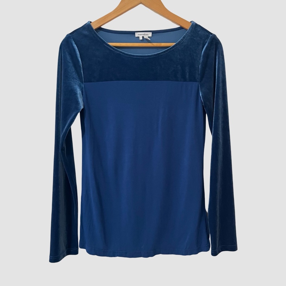 Manoukian Blue Velour Accent Long Sleeve Crew Neck Top S